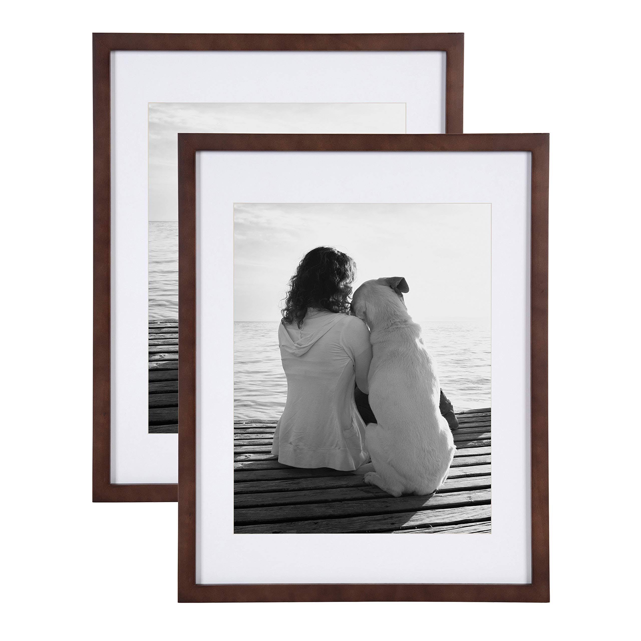 DesignOvation Gallery Wood Photo Frame Set for Customizable Wall Display, Walnut Brown 14x18 Matted to 11x14, Pack of 2 - Megean