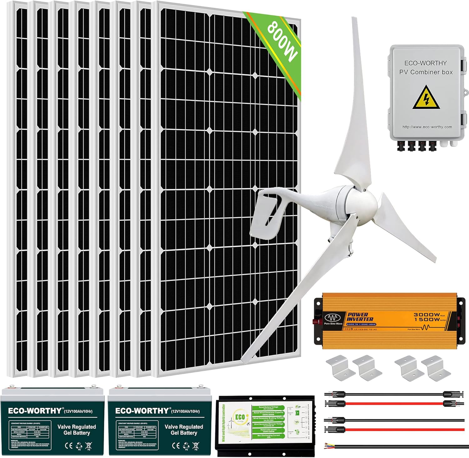 ECO-WORTHY 1200W Solar Wind Complete KIT: 1pc 400W Wind Turbine + 8pcs 100W Mono Solar Panel + 2pcs 100AH Battery + 1500W Inverter + 1pc Combiner Box