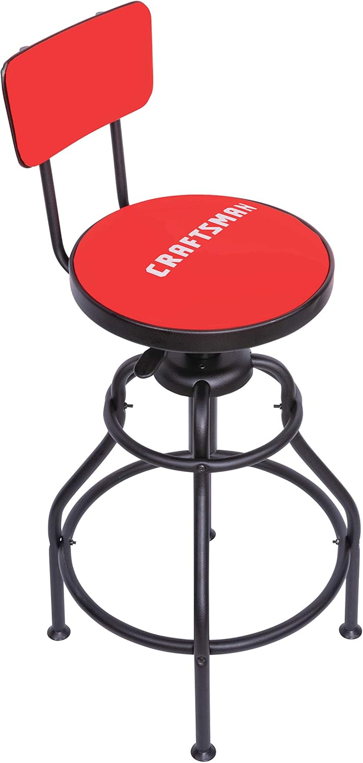CRAFTSMAN Adjustable Height Work Shop Stool, 29 to 34-inches Tall, Rip-Resistant Padded Vinyl Seat, 300-lb Capacity, 360-degree Footrest