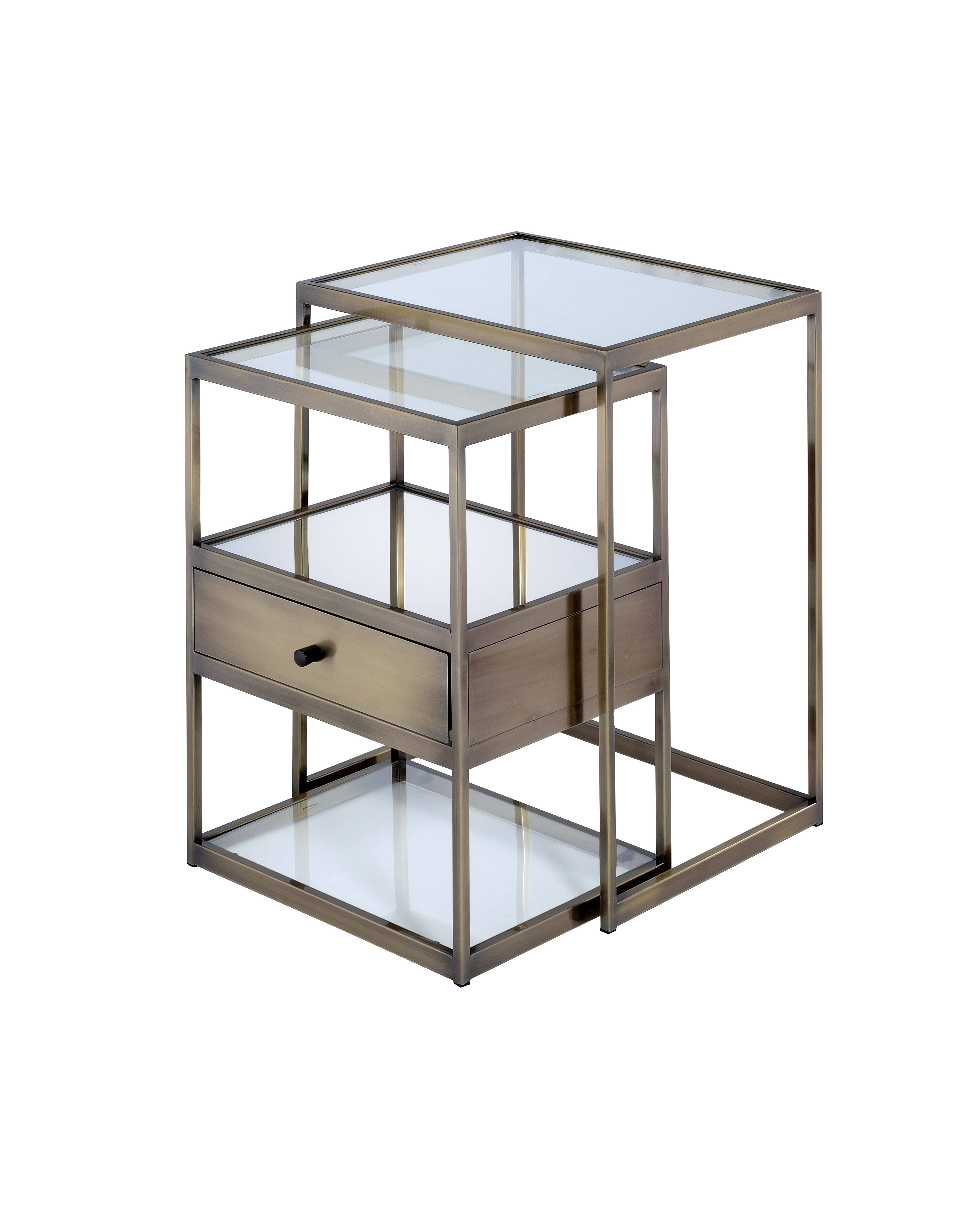 Acme Enca 2 Piece Nesting Tables Set Antique Brass u0026 Clear Glass