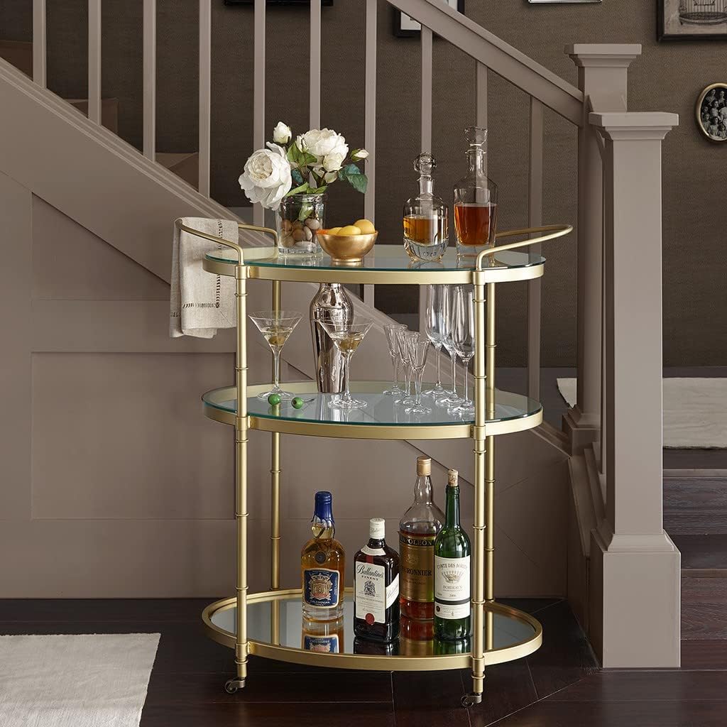 Antique Gold Bar Cart with Glass and Mirror Shelves – Vintage 1930s Inspired Rolling Beverage Serving Cart – 32.25Wx16Dx36H Inches – Low Profile