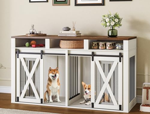 63" Large Dog Crate Furniture for 2 Dogs, Farmhouse Style Dog Cage TV Stand with Sliding Door