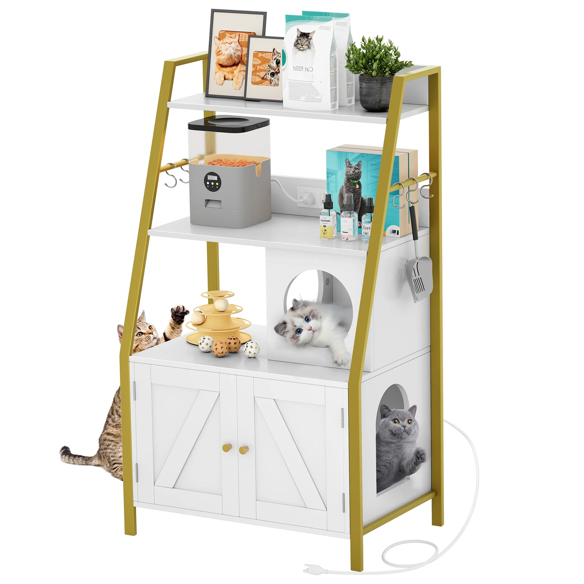 Dextrus Large Hidden Litter Cat Box Enclosure with Charging Station, 3 Shelves and Storage, Indoor Cat Box/House with Cat Tree for Most Litter Box