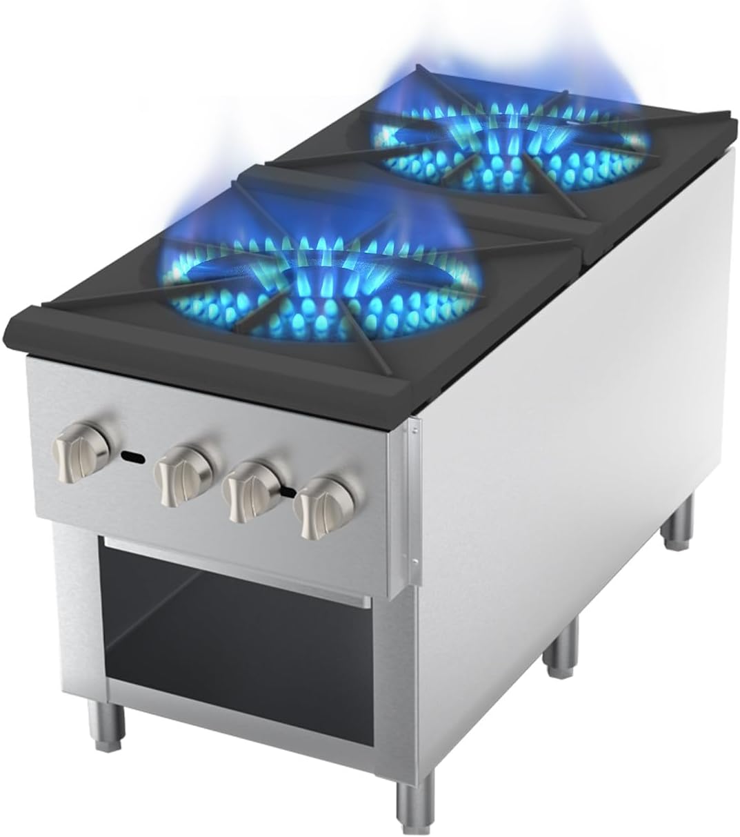 2 Burners Gas Stove, Propane and Natural Gas Commercial Hot Plate, 18"X45" Stainless Steel Wok Countertop Commercial Range, Outdoor Cooker