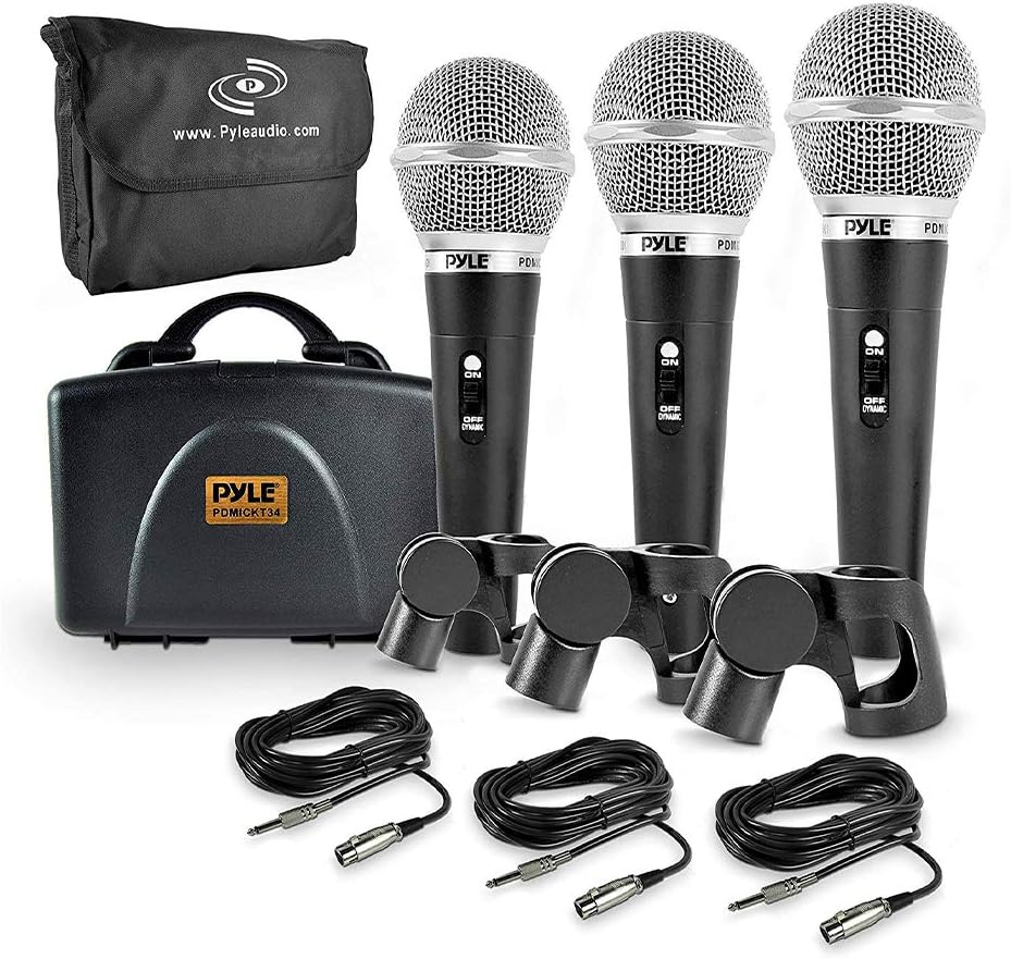 Pyle 3 Piece Professional Dynamic Microphone Kit Cardioid Unidirectional Vocal Handheld MIC with Hard Carry Case & Bag