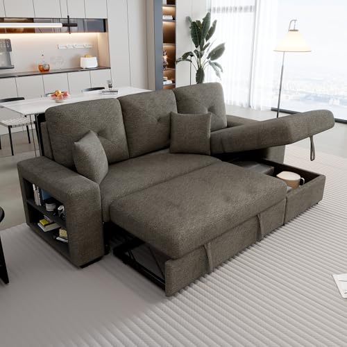 P PURLOVE Sectional Sofa with Pull-Out Sleeper Sofa Bed, Reversible Sectional Sofa with Storage Chaise and 2 Stools