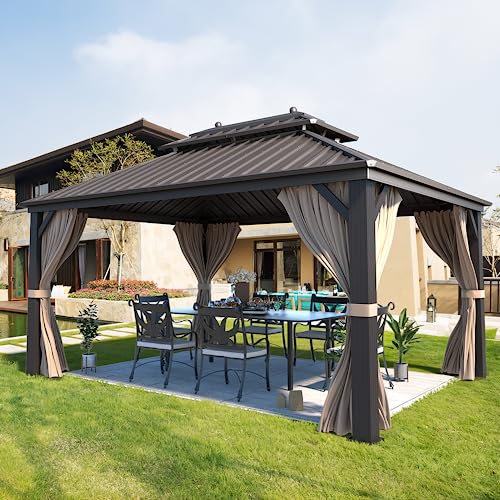 YOLENY 10' x 12' Hardtop Gazebo, Metal Gazebo with Aluminum Frame, Double Galvanized Steel Roof, Curtains and Netting Included