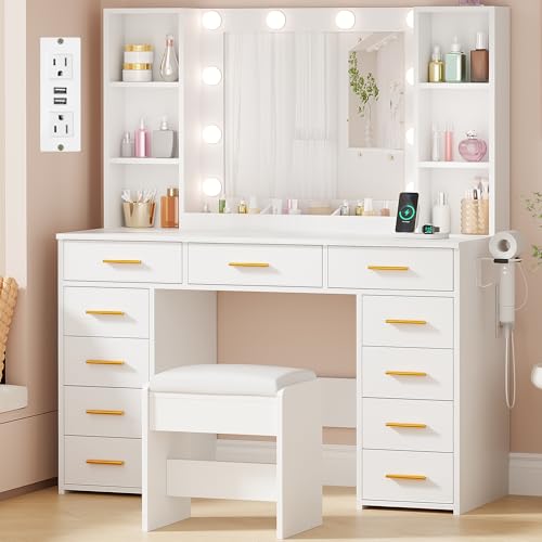 ANWBROAD White Vanity Desk with Mirror and Lights Makeup Vanity Desk with Power Outlet 11 Drawers 9 Shelves Hair Dryer Stand 3 Color Lighting Modes