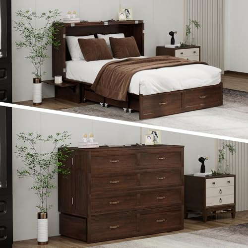Murphy Bed Cabinet Full, Solid Wood Murphy Bed with 2 USB & 2 Charging Ports, Large Storage Drawer for Home Office or Small Space