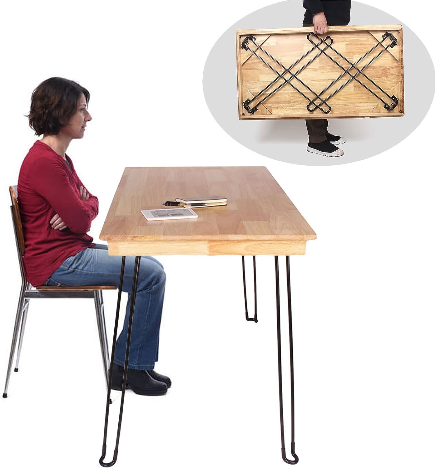 Wooden Folding Table Portable Folding Wood Desk 43in Fold-Down Workbench No Assembly Required for Home Office Writing Reading Desk Puzzle Table Small