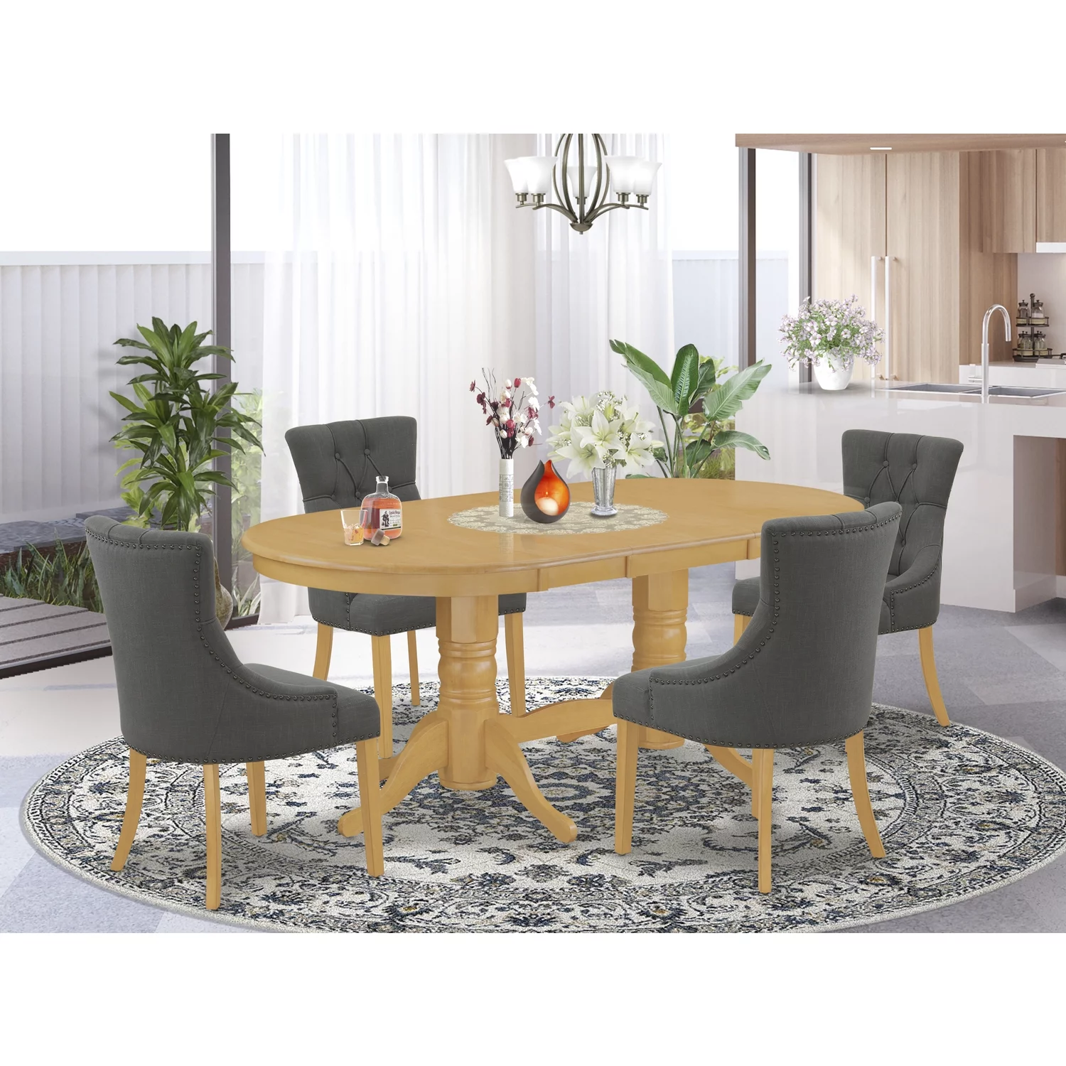 VAFR5-OAK-20 5Pc Dining Set Includes an Oval Dining Table with Butterfly Leaf and Four Parson Chairs with Dark Gotham Grey Fabric, Oak Finish