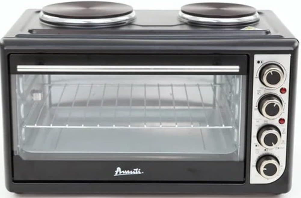 Avanti Portable Oven Multi-Function with Convection Rotisserie and Dual Burner Cooktop, 60 Minute Timer and Auto Shut-Off, 1.4 Cu.Ft., Black