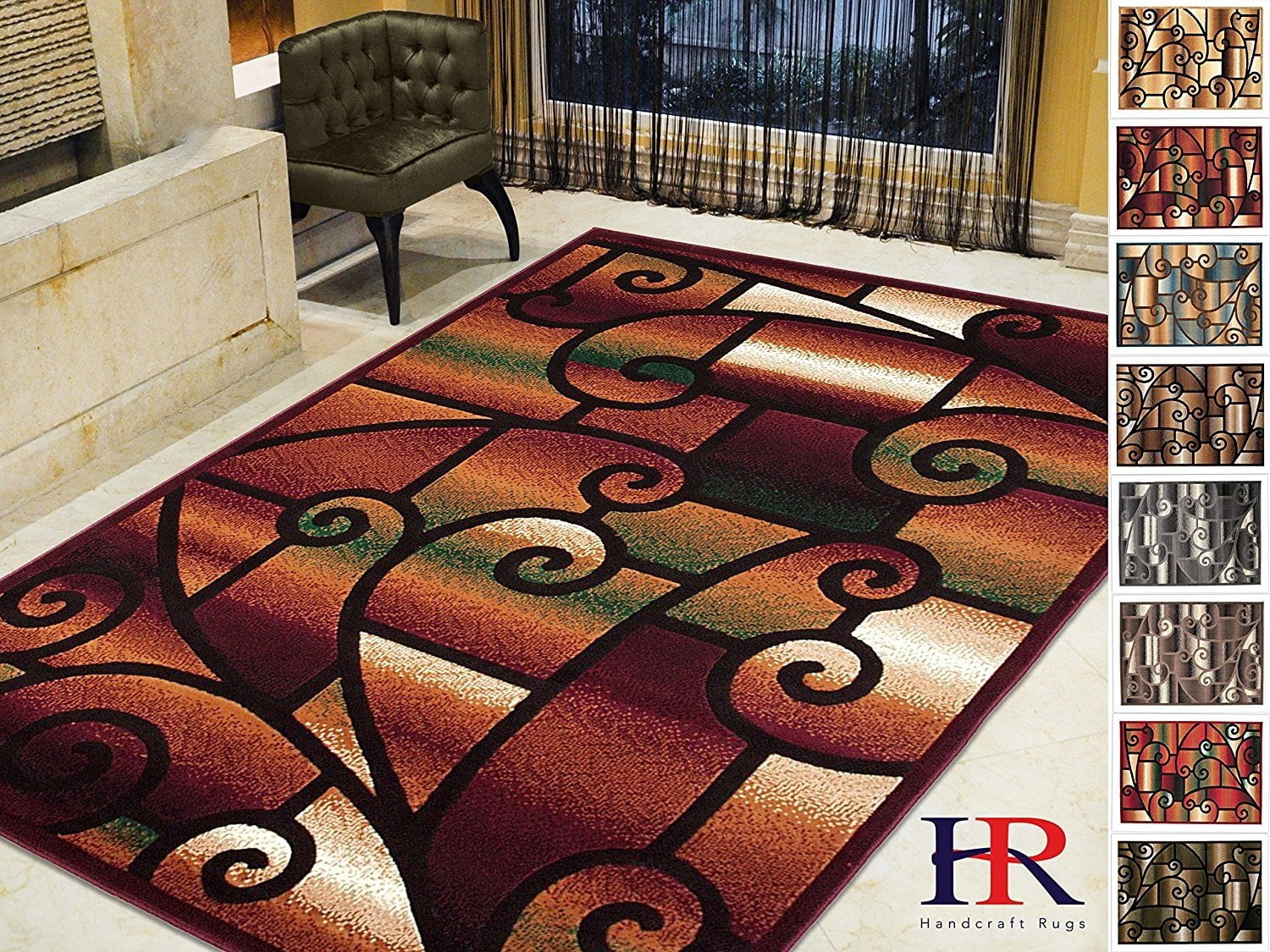 Handcraft Rugs-Modern Contemporary Living Room Rugs-Abstract Carpet with Geometric Swirls Pattern-Burgundy/ Beige/Ivory/Chocolate (8x10 Feet)
