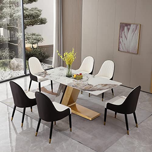 Sintered Stone Dining Table for 6-8, Modern Rectangular Kitchen Table with Z-Shaped Gold Stainless Steel Base