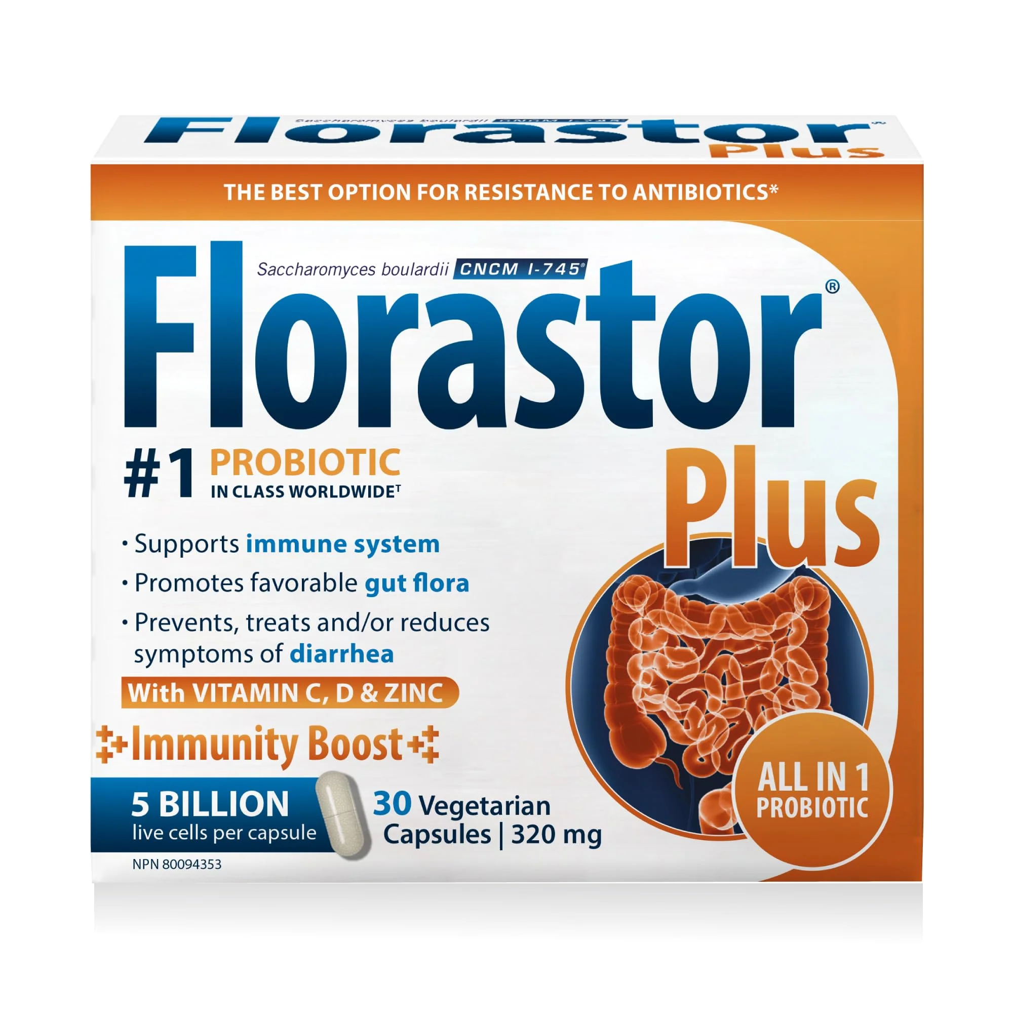 FLORASTOR Plus - Saccharomyces Boulardii - CNCM I-745 - Daily All in One Probiotics - Gut Health & Digestive Support - Zinc, Vitamin C & D3