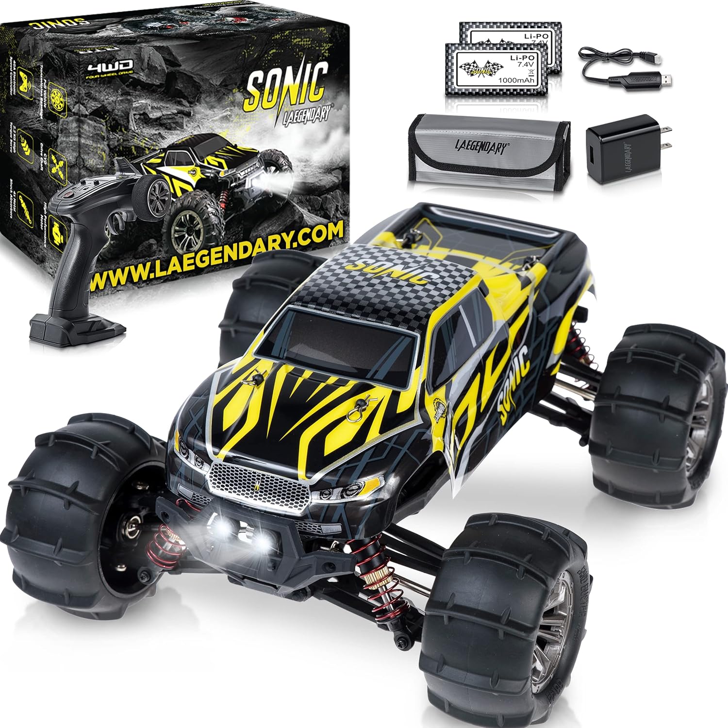 LAEGENDARY RC Car - Off Road Remote Control Car for Adults & Kids, Waterproof All Terrain 4x4 Truck w/ 2 Batteries - 1:16 Scale, Brushless, Black