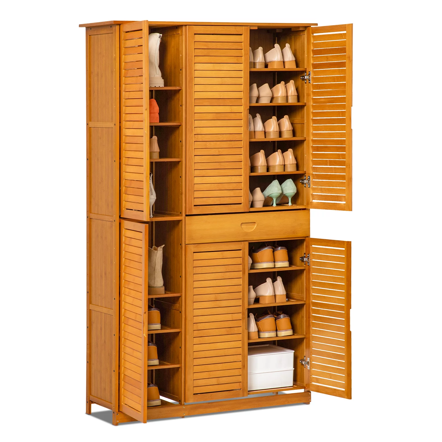 Magshion Bamboo 10 Tiers 1 Drawer Shoes Cabinet, 43 Pairs Storage with Shutter Doors, Brown, for Entryway