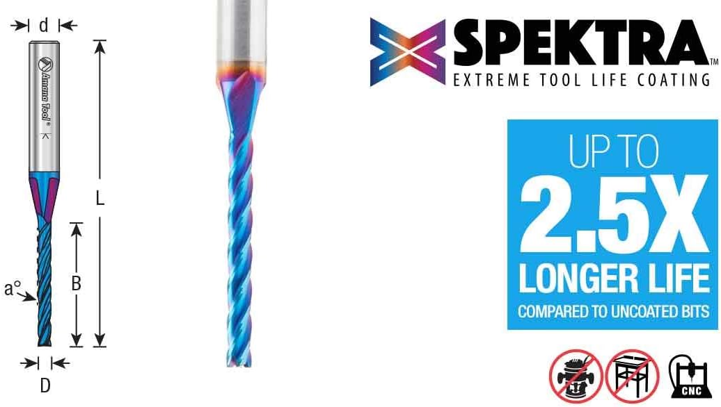 Amana Tool 46577-K CNC Spektra Extreme Tool Life Coated Spiral 2D/3D Carving 0.10 Deg Straight Angle Flat Bottom x 1/4 D x 1-1/2 CH x 1/4 SHK x 3