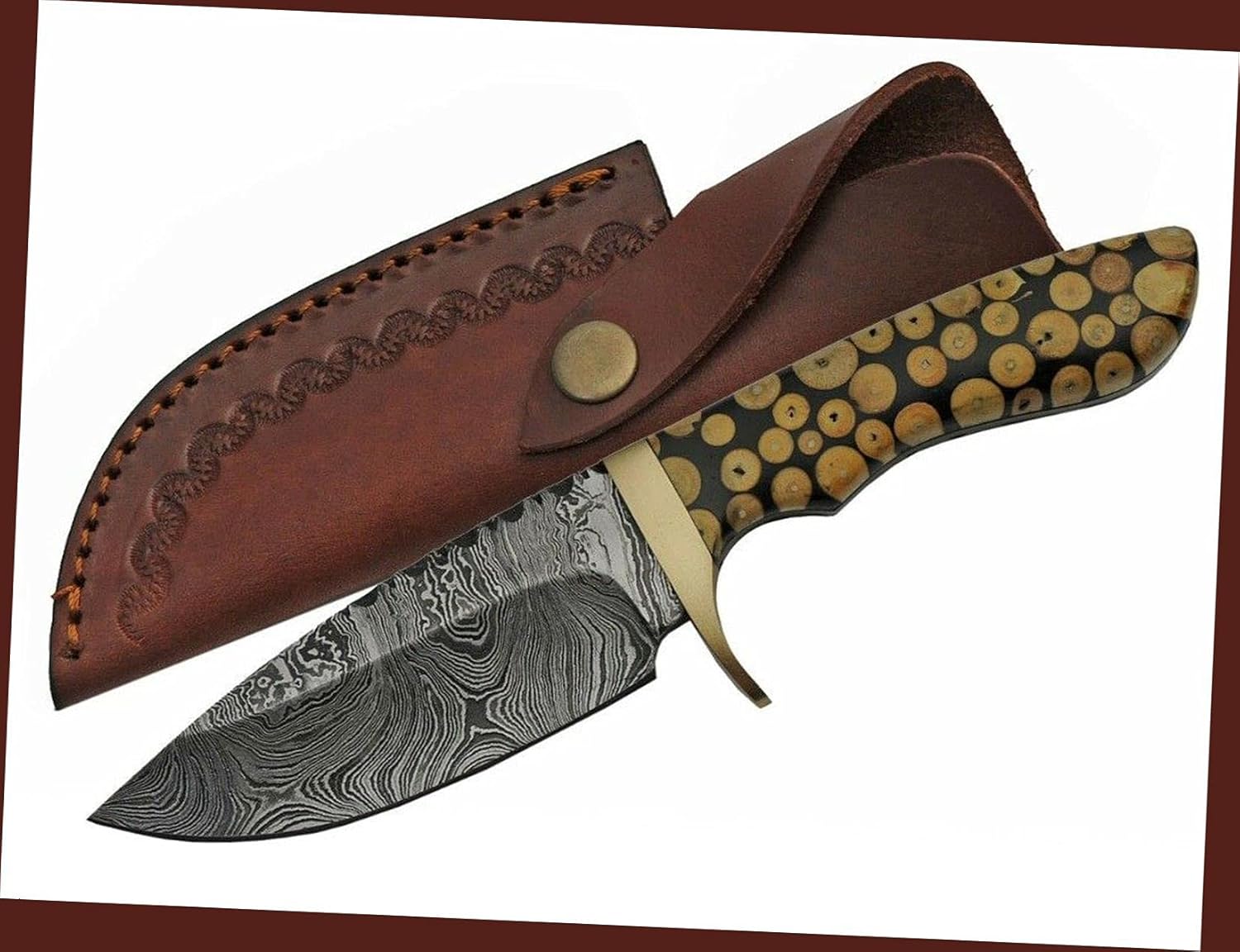 Rescue Combat Sharp Fixed Blade Knife Sharp Hunting | 9" Overall Damascus Knotted Wood Full Tang DM-1210