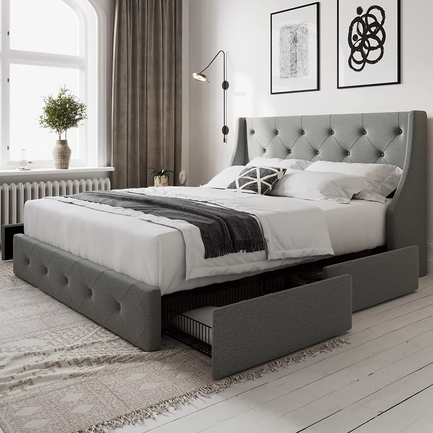 Allewie Queen Size Bed Frame with 4 Storage Drawers and Button Tufted & Wingback Headboard, Dark Grey