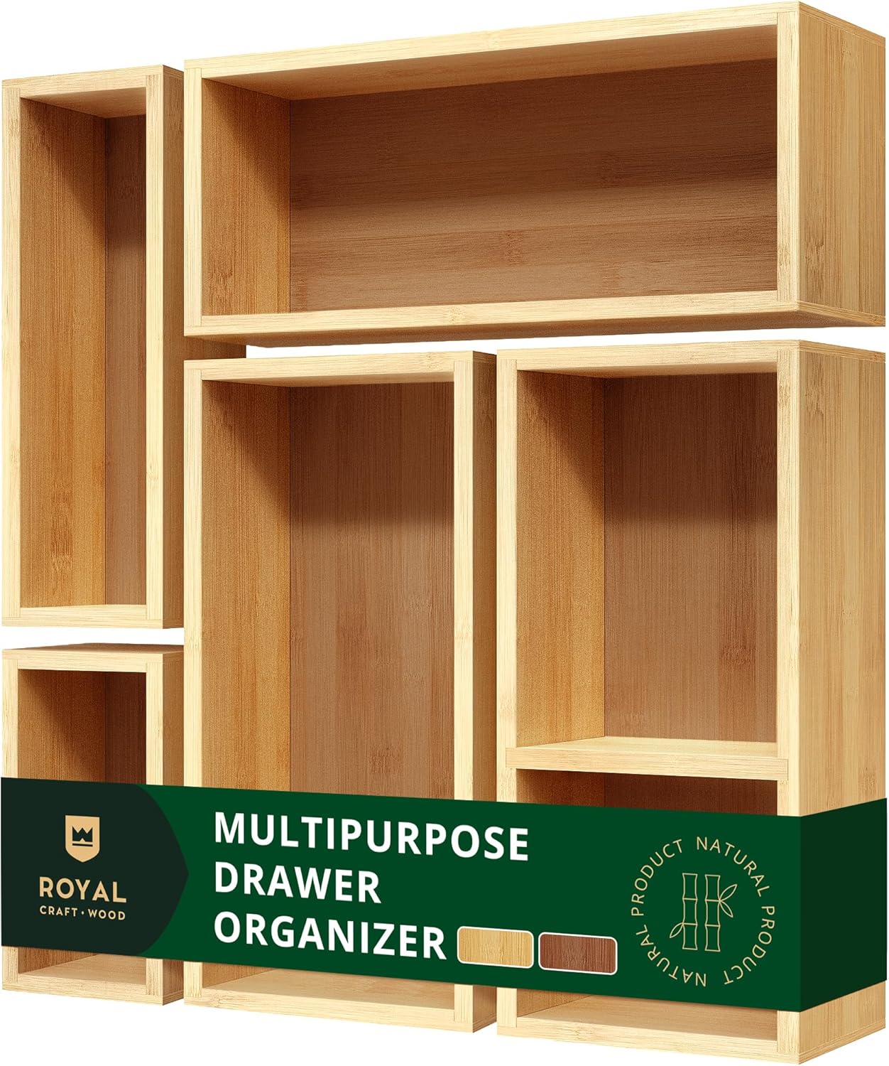 ROYAL CRAFT WOOD 5-Piece Bamboo Drawer Organizer Set – Multi-Use Storage Trays for Kitchen, Bathroom, Office, Makeup
