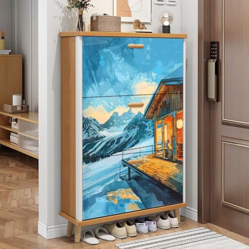 3 Drawer Shoe Cabinet, Artistic Shoe Cabinet, Mid Century Modern Mountain Birch Art Wood Shoe Rack Organizer for Entryway Slim (31.5”W x 9.45”D 46”H)