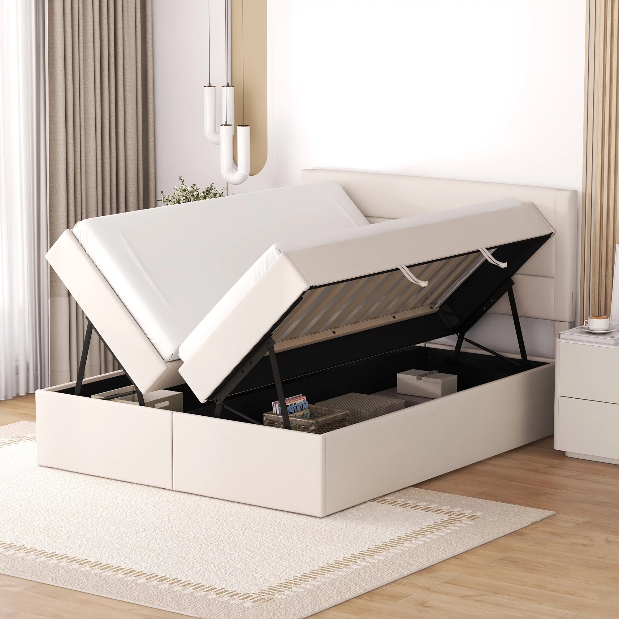 Euroco Full Size Lift-up Upholstery Platform Bed with Storage Underneath for Kids Teens Adults, Easy Open and Close for Storage, Beige