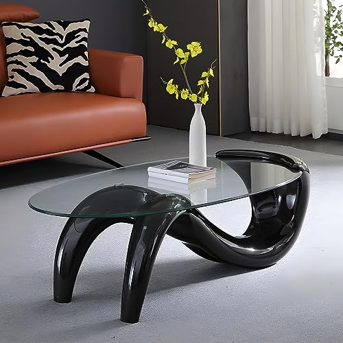 LITFAD Modern Glass-Topped Cocktail Table Oval Contemporary Coffee Table Creative Mermaid Living Room Table - Dark Wood 35.5" L x 21.7" W x 16" H