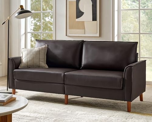 HULALA HOME 78" Faux Leather Sofa with Solid Wood Legs, Mid-Century Modern PVC Leather Couch, Comfy Upholstered 3-Seater Sofa for Living Room Bedroom