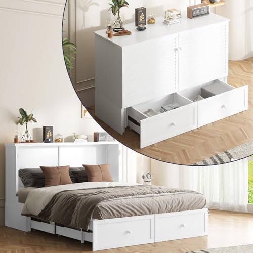 Murphy Bed, Cabinet Bed Queen Size with Tri-Folding Mattress, Hidden Guest Wall Beds, Cabinet Murphy Chest Beds with USB Charging Station