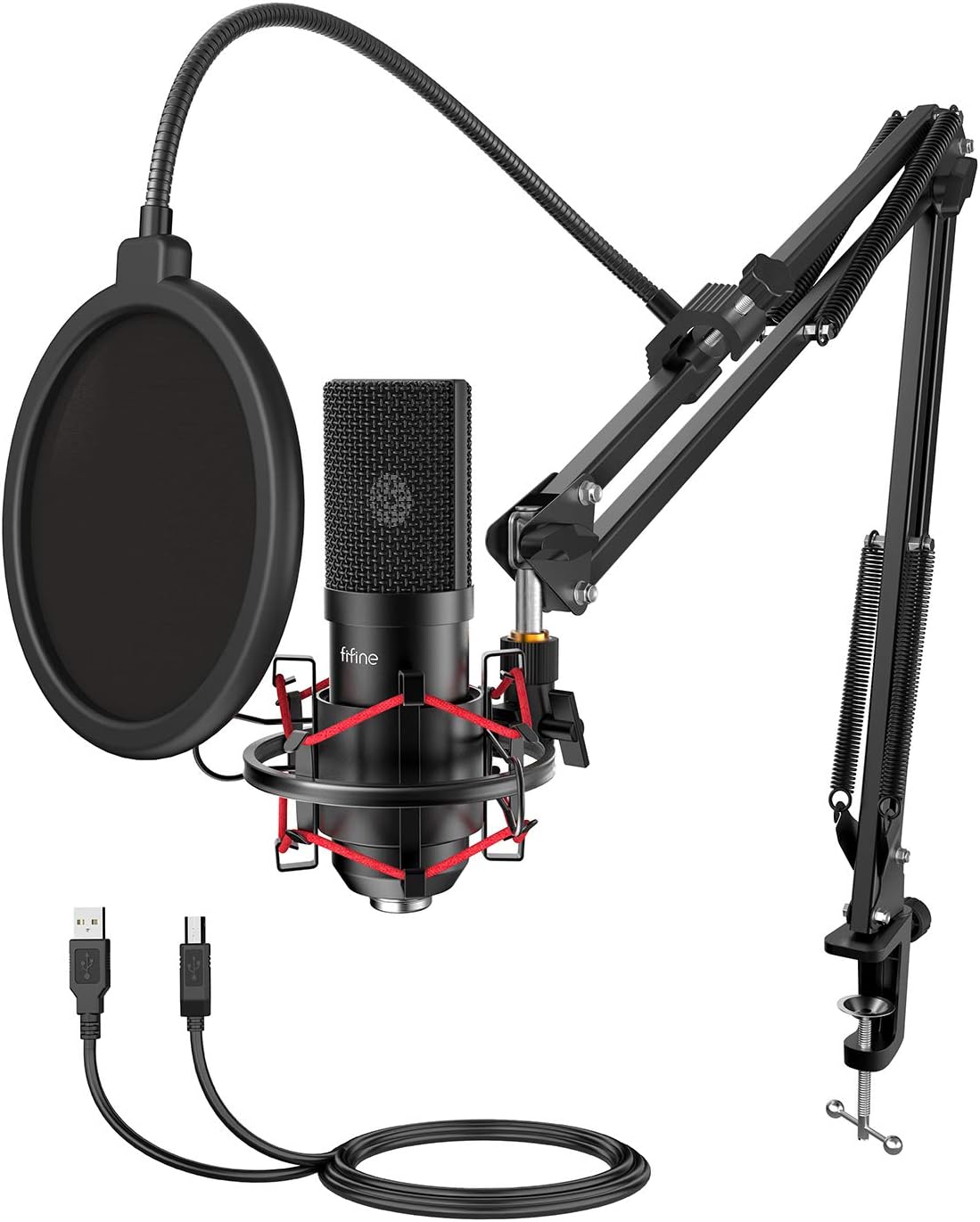 FIFINE USB Gaming Microphone Set with Flexible Boom Arm Stand Pop Filter, Plug and Play with PC Desktop Laptop Computer