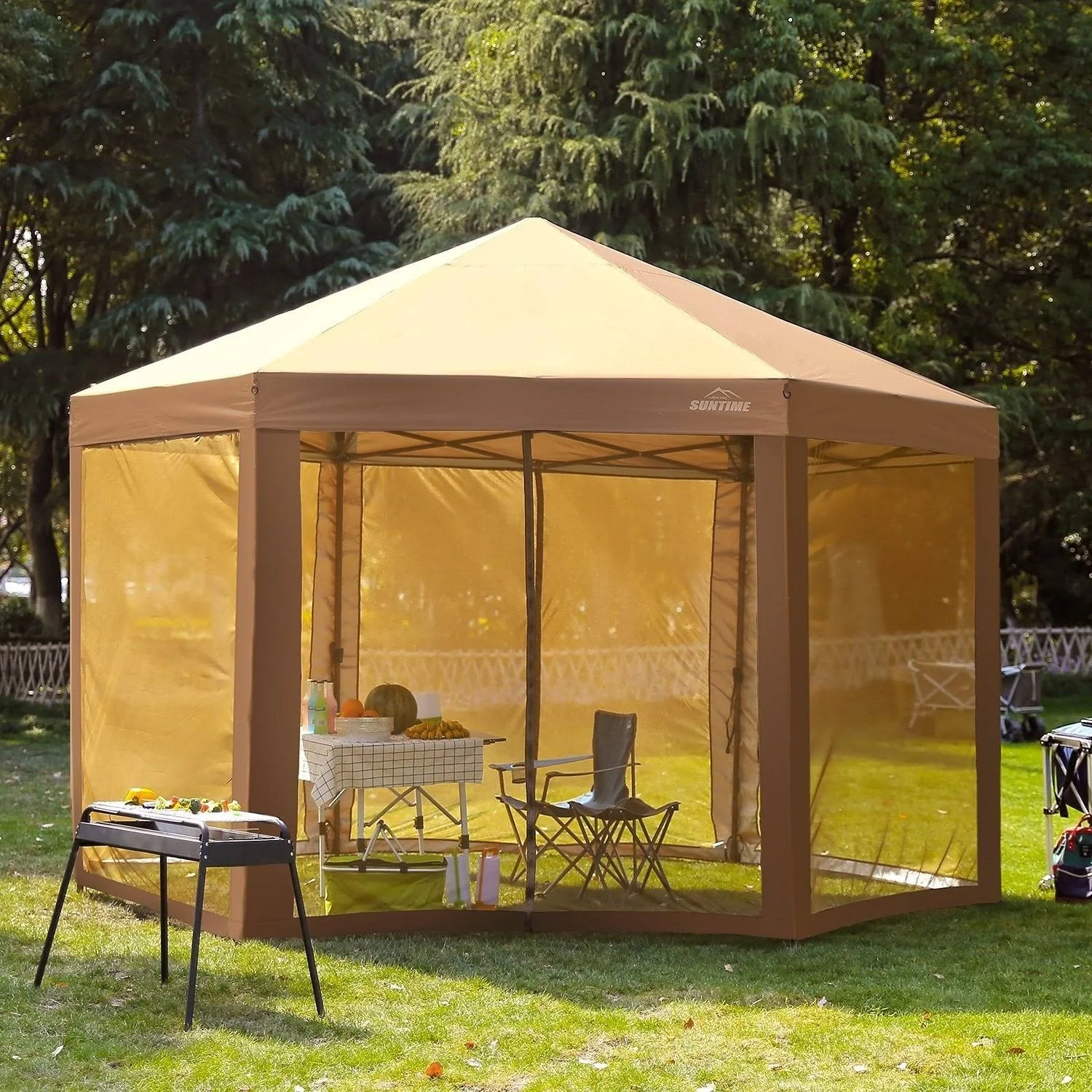 Outdoor Patio Hexagon Gazebo, Pop Up Instant Canopy, Garden Backyard Party Tent with Sidewalls(6.6& x 9.2&), Coffee Brown - Beig