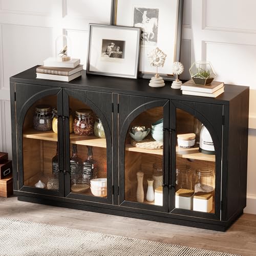 Amposei Retro Accent Sideboard 60-Inch Glass Doors Console Storage Cabinet Credenza Buffet Cabinet with Adjustable Shelves for Living Dining Room