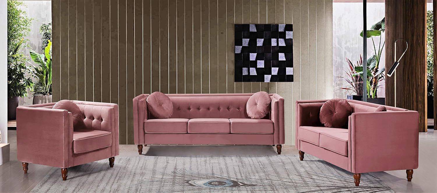 US Pride Furniture Square Arm Rose Velvet Tight Living Room Set 3 PC Loveseat + Chair with Firm Back Support & Wooden Legs Sofas