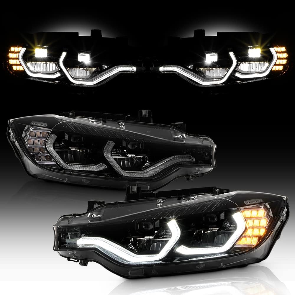 ACANII - For [Halogen Type] 2012-2015 BMW 320i 328i 335i Sedan Black Smoked DRL Tube Full LED Projector Headlights Pair