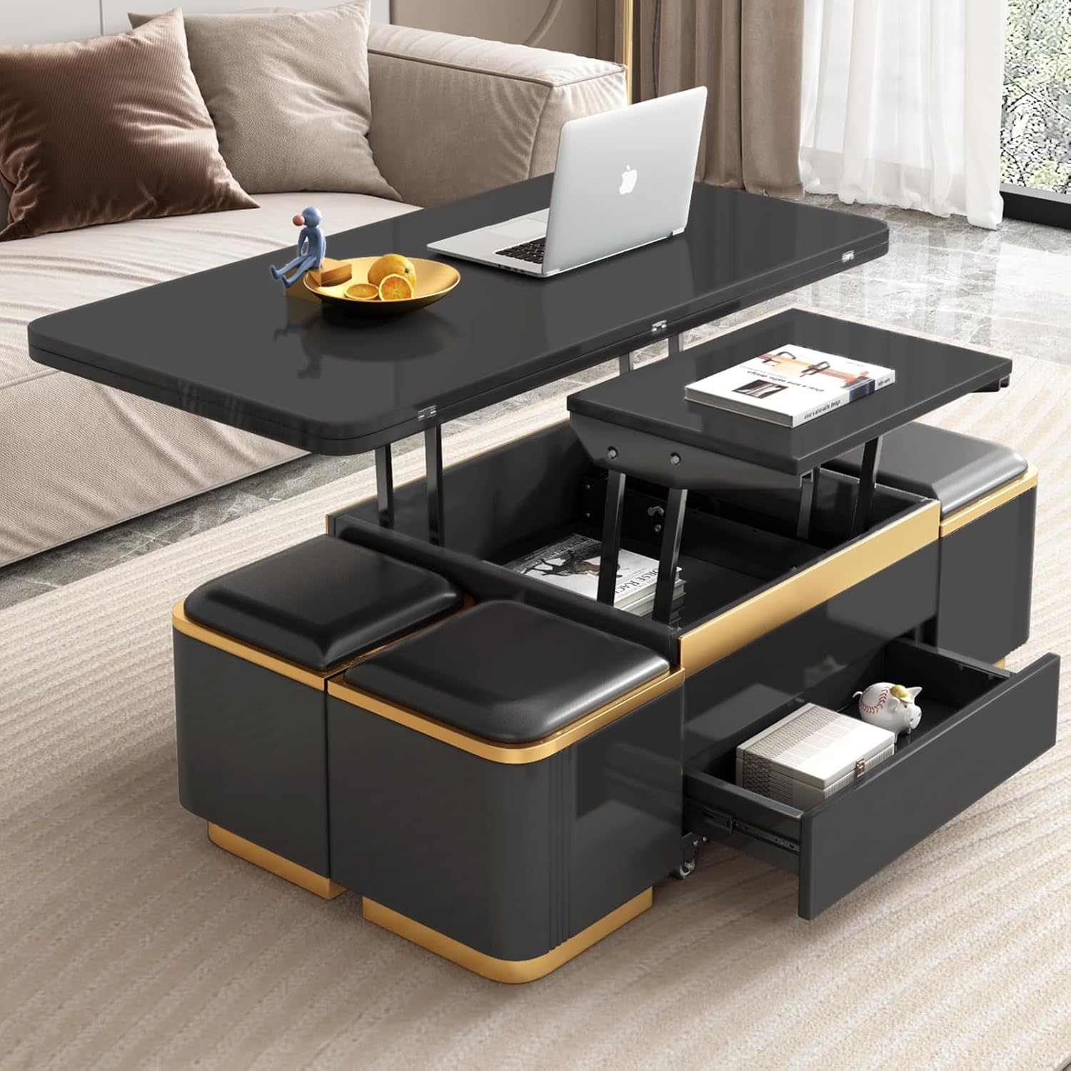 Black Lift Top Coffee Table with 4 Storage Stools, 3 in 1 Multifunctional Storage Coffee Table, Coffee Table with Lift Top