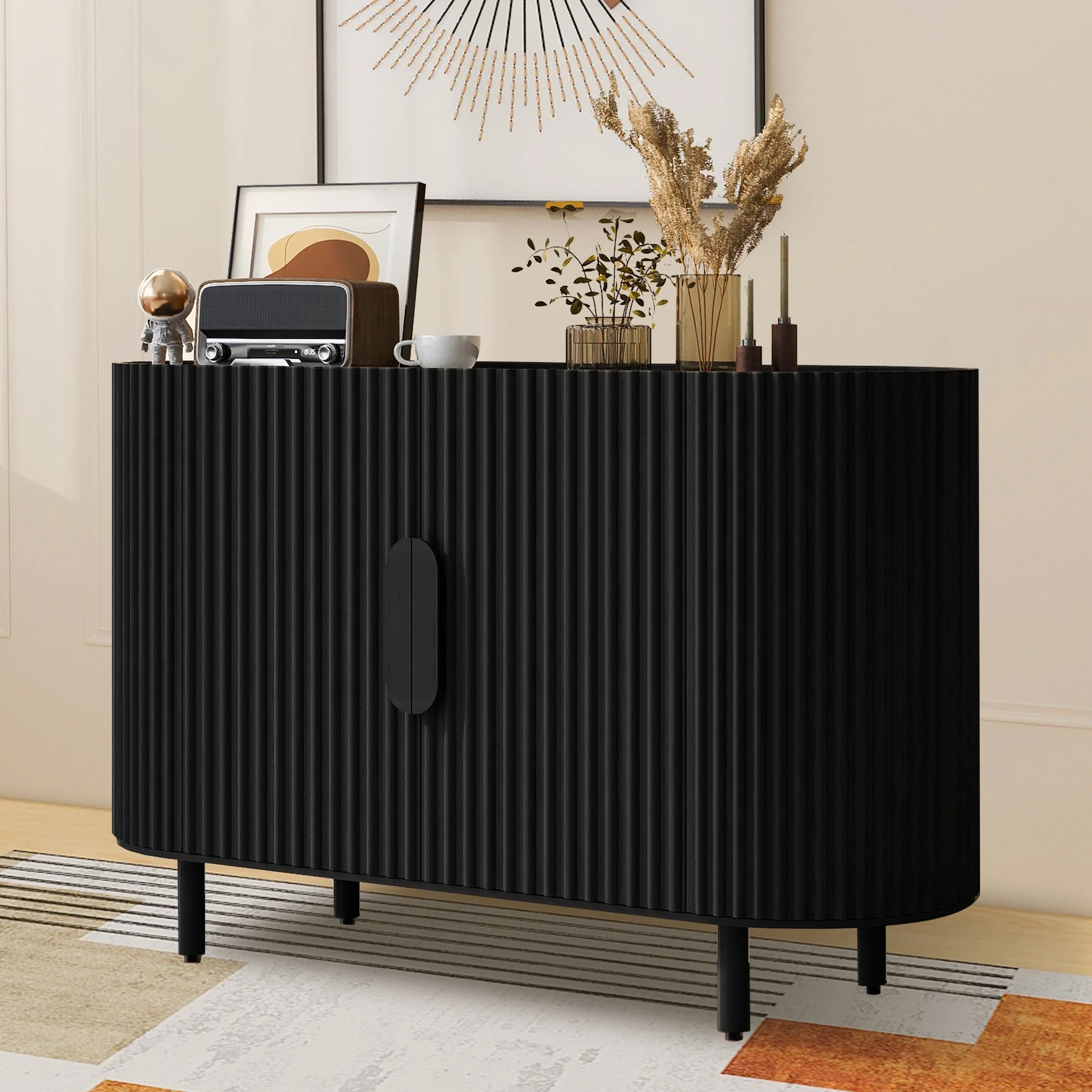 Curved Design Light Luxury Sideboard Cabinet with Adjustable Shelves,Modern Buffet Storage CabinetSuitable for Living Room,Study,Entrance(Black)