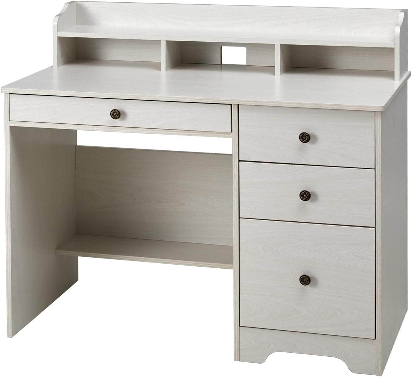 Computer Desk with 4 Storage Drawers and Hutch Shelf, Wood Frame Home Office Desk with Wide Tabletop