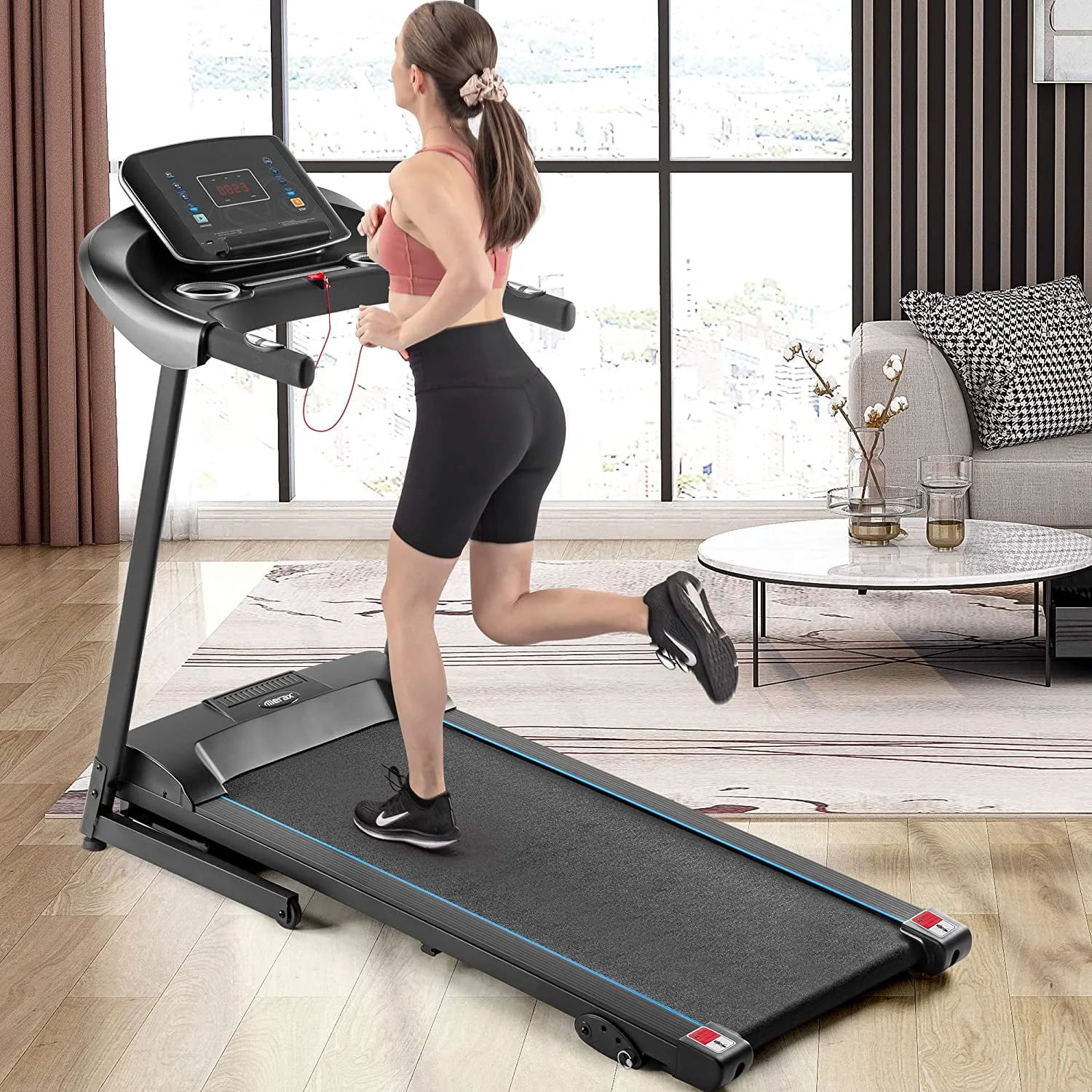 Folding Middle Treadmill for Home, 2.5HP Electric Motorized Running Machine with 10MPH Speed, Large Running Surface, 12 Programs, Speakers, Incline