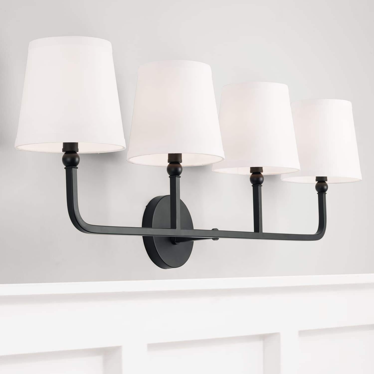 Capital Lighting 119331BN-674 Dawson Decorative White Fabric Stay-Straight Shades Bath Vanity Wall Mount, 3-Light 180 Total Watts, 12H x 26W
