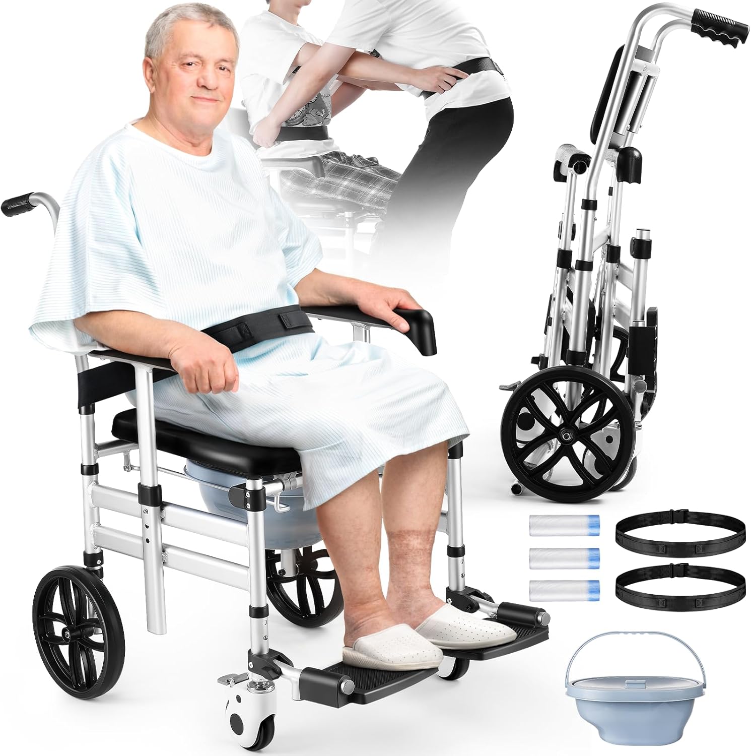 Shower Chair with Wheels, Hybodies Folding Shower Wheel, Transport Chair, Commode, Rolling Bath Chair for Handicap, Elderly & Injured