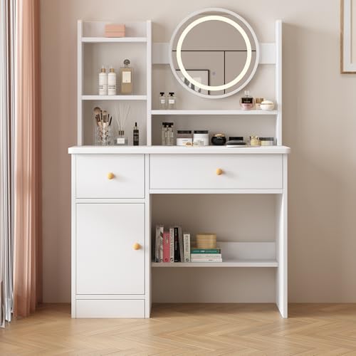 Vanity Desk with Mirror and Lights, 3 Lighting Modes, European Style Dressing Table with Drawers, with Open Storage Shelves