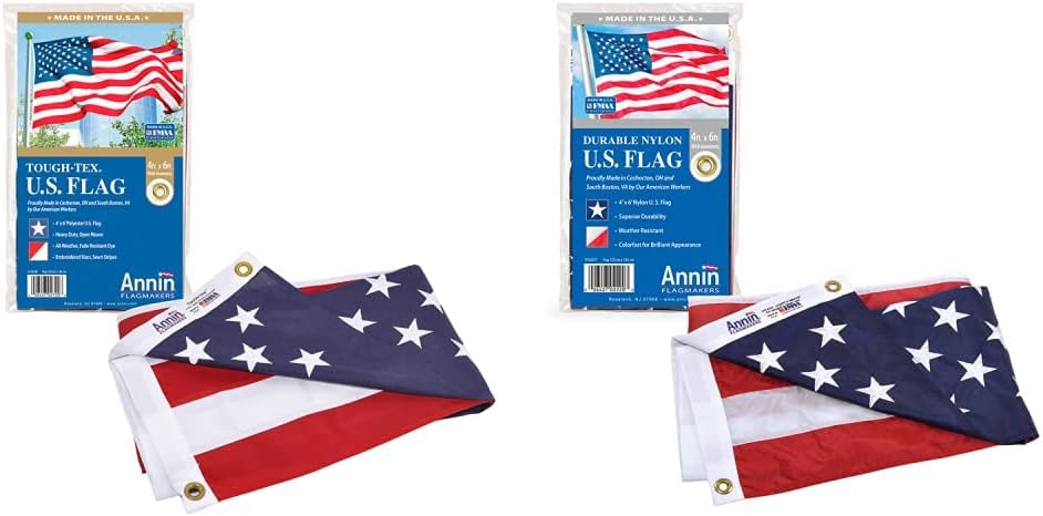 Annin Flagmakers American Flag Tough-Tex Polyester Flag & Model 2220 American Flag Nylon SolarGuard NYL-Glo, 4x6 ft