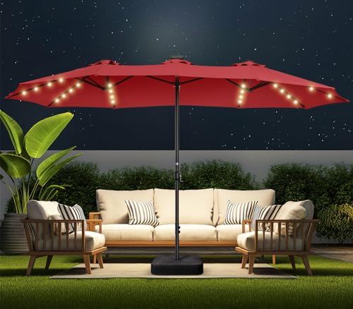 Double Sided Patio Umbrellas - 15ft Solar Lights LED Lighted Outdoor Extra Large Market Table Umbrella with Base Included