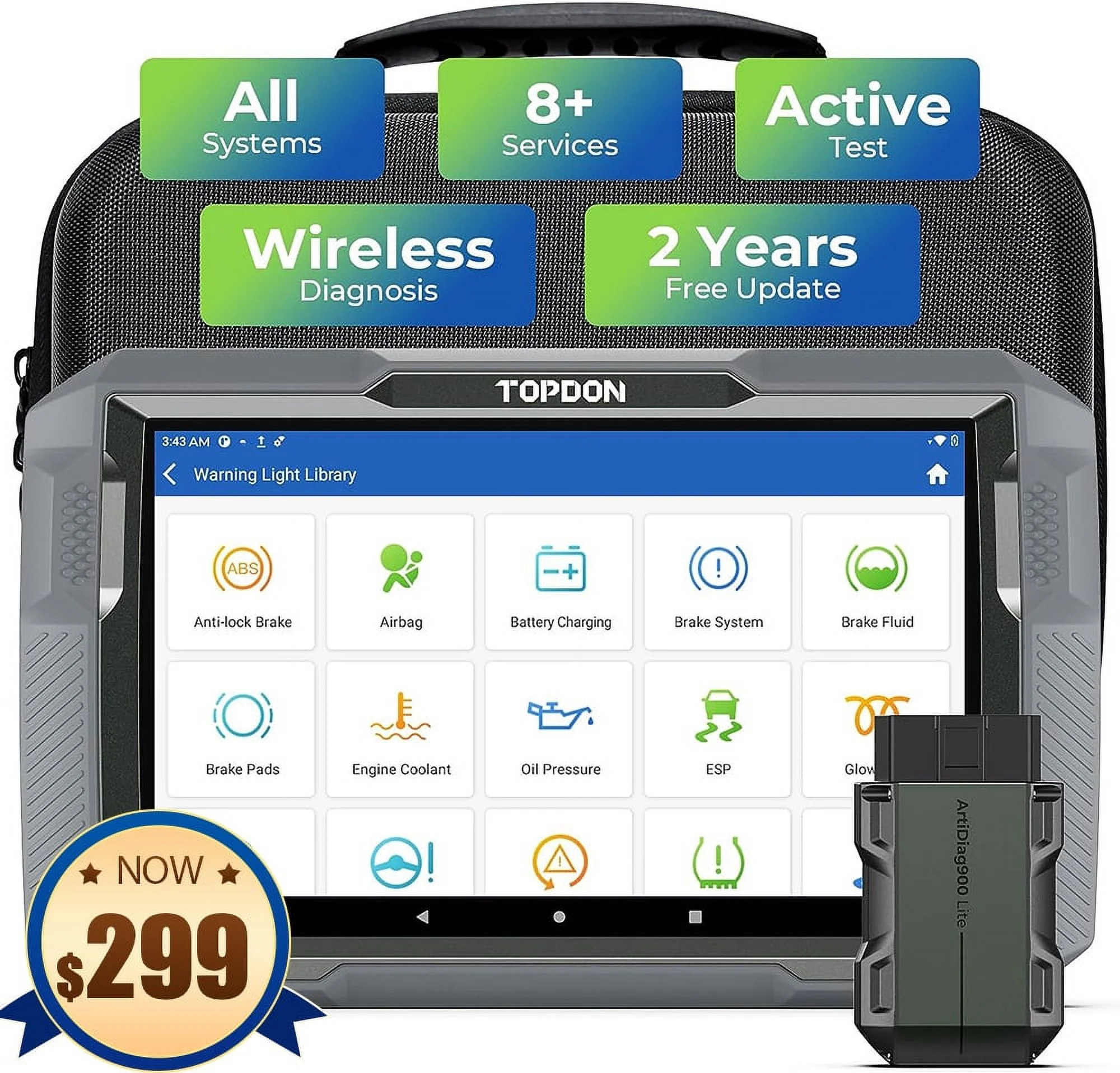 OBD2 Scanner Car Diagnostic Scan Tool TOPDON ArtiDiag900 Lite Wireless Bidirectional All System Scanner with Active Test, 8+ Reset Services