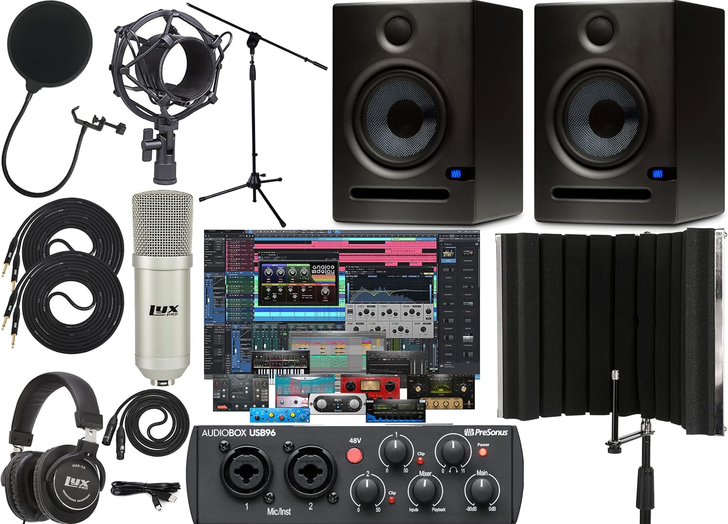 Presonus AudioBox 96 Audio Interface with Creative Software Kit and Studio Bundle and Eris E5 Pair 2-Way Studio Monitors with 1/4 Cables and
