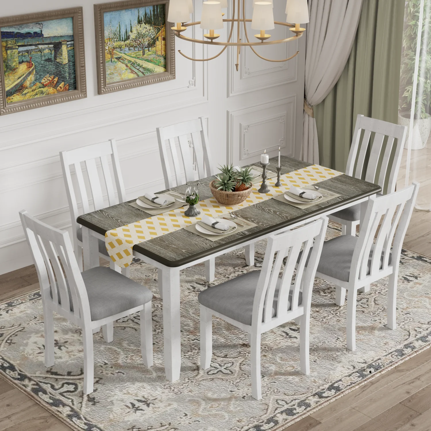 Churanty Dining Table Set for 6 Farmhouse Extendable Rectangular Table and 6 Upholstered Chairs,Antique Brown+White - Curated Treasures Market