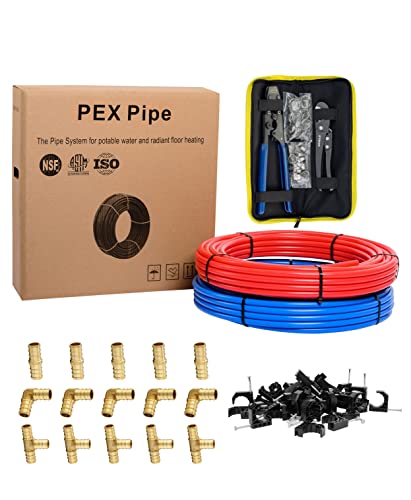 EFIELD 1/2 Inch 2 x100 ft Pex-b Pipe/Tubing(200 Ft), For Potable Water, Cold Hot Water, Brass Fitting, Crimping Clamp Tool, Cinch Clamps