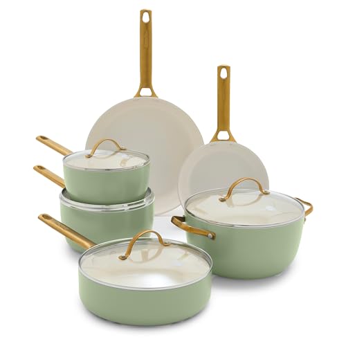 GreenPan Reserve Hard Anodized Healthy Ceramic Nonstick 10 Piece Cookware Pots and Pans Set, Gold Handle, PFAS-Free, Dishwasher Safe, Oven Safe