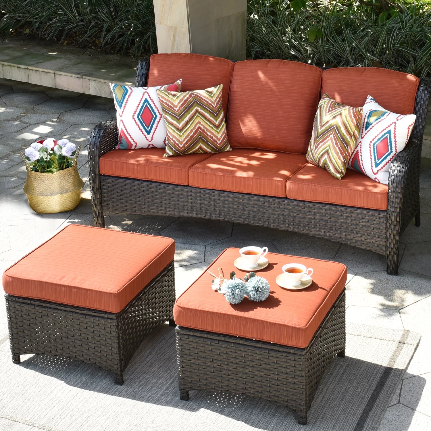Ovios Outdoor Patio Furniture Set on sale 3 Pieces, Wicker Patio Sectional Furniture Set, PE Rattan Seating Group with Ottoman for Backyard